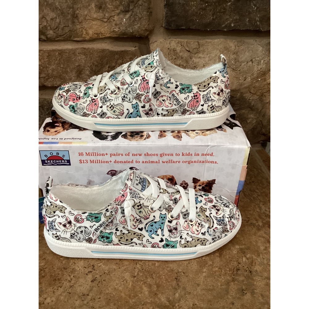 Skechers BOBS Vegan Kitten Around White Multi Cat Print Sneakers Women Size 8